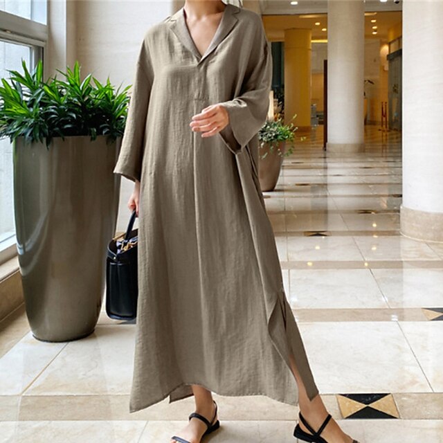  Women's Midi Dress Linen Dress Shirt Dress Khaki Beige Long Sleeve Split Pocket Pure Color V Neck Fall Winter Casual 2022 Loose S M L XL / Casual Dress