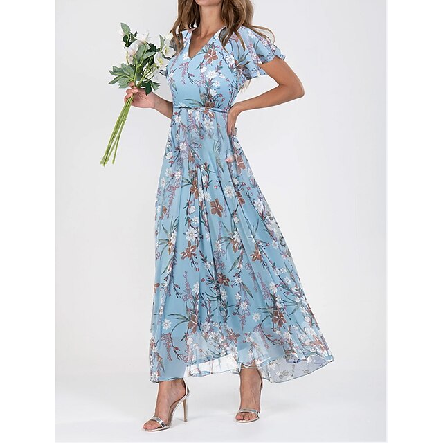  Women's Casual Dress Long Dress Maxi Dress Blue Floral Short Sleeve Summer Spring Ruched Elegant V Neck 2023 S M L XL XXL 3XL
