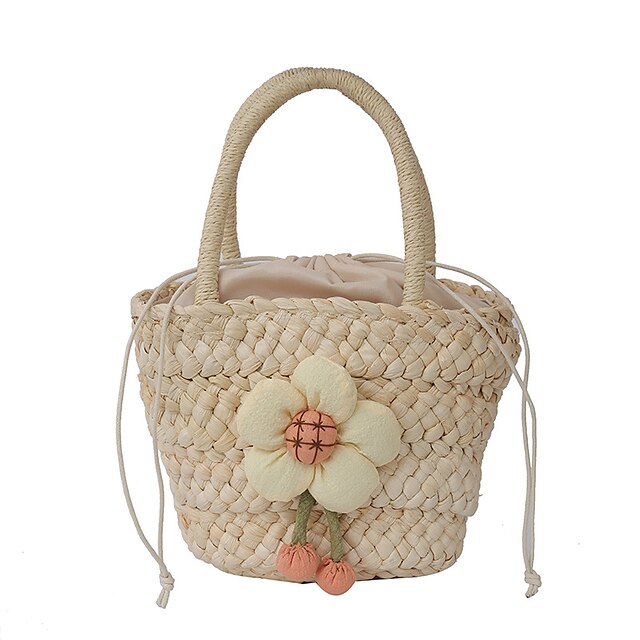  Women's Girls' Straw Bag Beach Bag Straw Lunch Bag Top Handle Bag Bowknot Flower Pattern Holiday Date Going out Solid Color Beige lined Beige Unlined