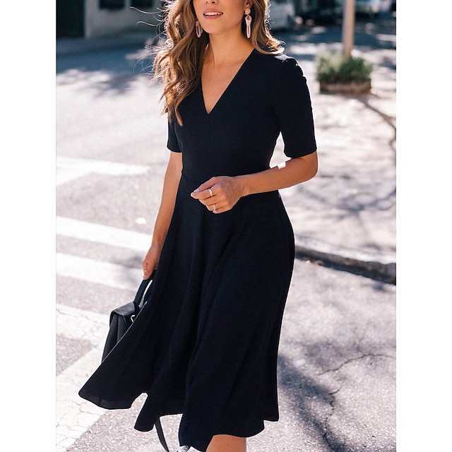  Women's Midi Dress A Line Dress Black Short Sleeve Ruched Solid Color V Neck Spring Summer Casual Sexy 2022 S M L XL XXL 3XL