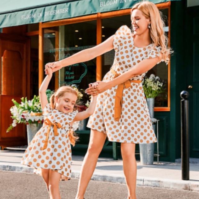  Mommy and Me Dresses Street Polka Dot Drawstring Yellow Above Knee Short Sleeve Active Matching Outfits / Spring / Summer / Ruffle / Casual / Print