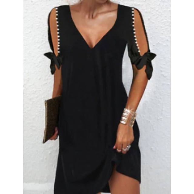  Elegant Women's Black Tee Dress Casual Mini Shift Design Pure Ruched V Neck Short Sleeve