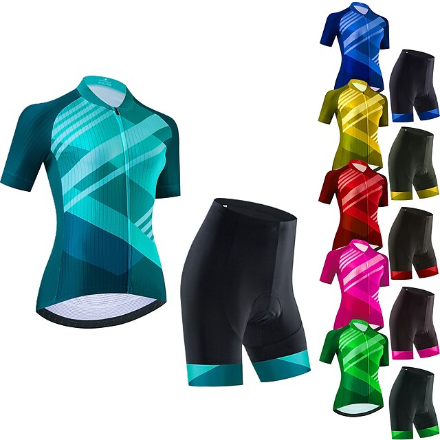  21Grams Women's Short Sleeve Cycling Jersey with Bib Shorts Cycling Jersey with Shorts Mountain Bike MTB Road Bike Cycling Black Green Purple Graphic Stripes Bike 3D Pad Breathable Quick Dry