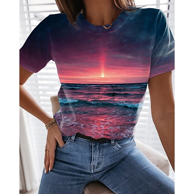  Women's T shirt Tee Red Print 3D Ocean Casual Holiday Short Sleeve Round Neck Basic Hawaiian Holiday Regular Painting S