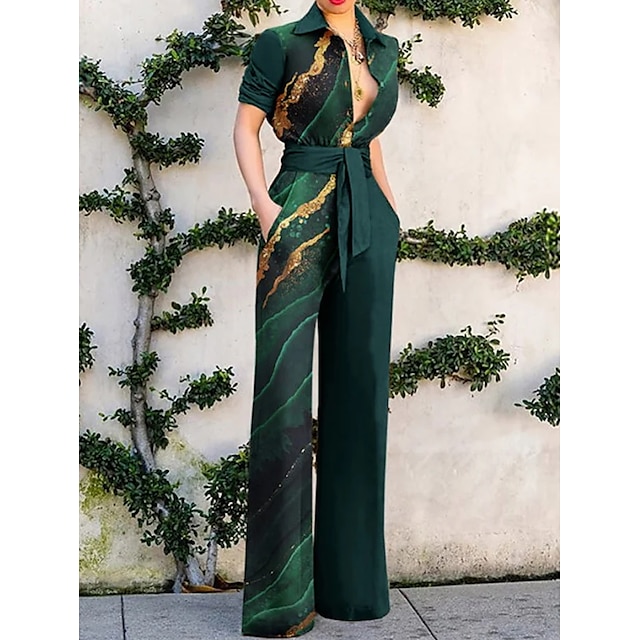  Women's Jumpsuit for Special Occasions Christmas Lace up Print Shirt Collar Elegant Party Prom Straight Regular Fit Short Sleeve Green S M L Spring Fall