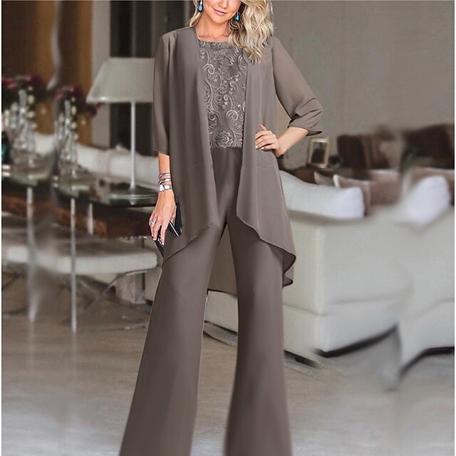  Women's Jumpsuit Lace Solid Color Round Neck Elegant Wedding Party Straight Regular Fit 3/4 Length Sleeve Brown S M L Spring Cold Weather