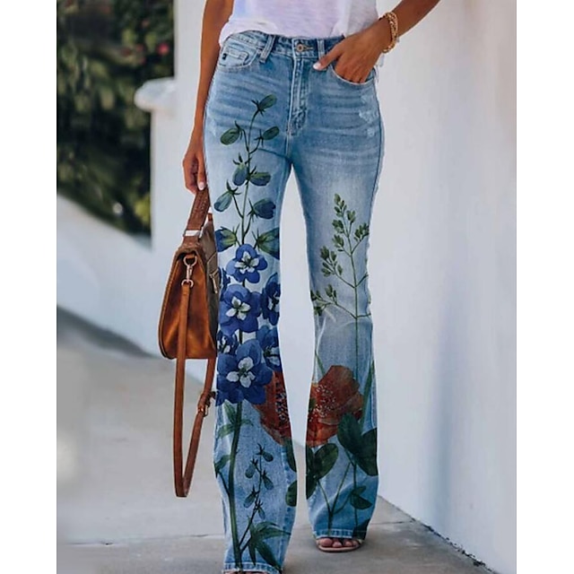  Women's Fashion Casual / Sporty Print Trousers Bell Bottom Full Length Pants Micro-elastic Casual Daily Faux Denim Flower / Floral High Waist Loose Green Blue Orange Red Coffee S M L XL XXL