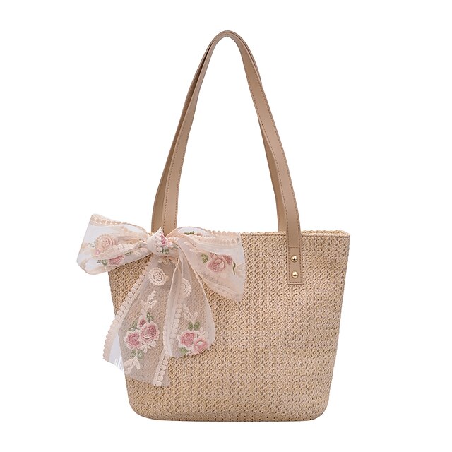  Women's Straw Bag Beach Bag Straw Tote Zipper Daily Going out Solid Color Khaki Beige