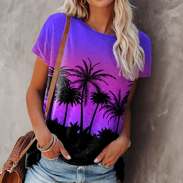  Women's T shirt Tee Plants Casual Holiday Going out Print Purple Short Sleeve Hawaiian Basic Holiday Round Neck