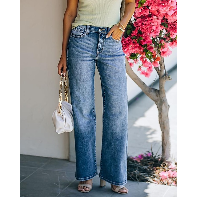  Dame Bukser Jeans Ret Denimstof Blå Mode Medium Talje Sidelommer Afslappet Weekend Fuld længde Mikroelastisk Vanlig Komfort S M L XL XXL / Løstsiddende
