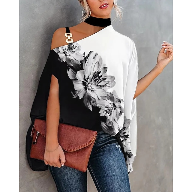  Women's Blouse Floral Daily Short Sleeve Blouse Shirt Halter Neck Patchwork Print Batwing Sleeve Casual Black S