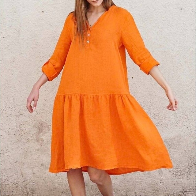  Women's Knee Length Dress Linen Dress Swing Dress Khaki Orange Long Sleeve Ruffle Patchwork Pure Color V Neck Fall Winter Elegant Casual Vacation Linen S M L XL / Casual Dress