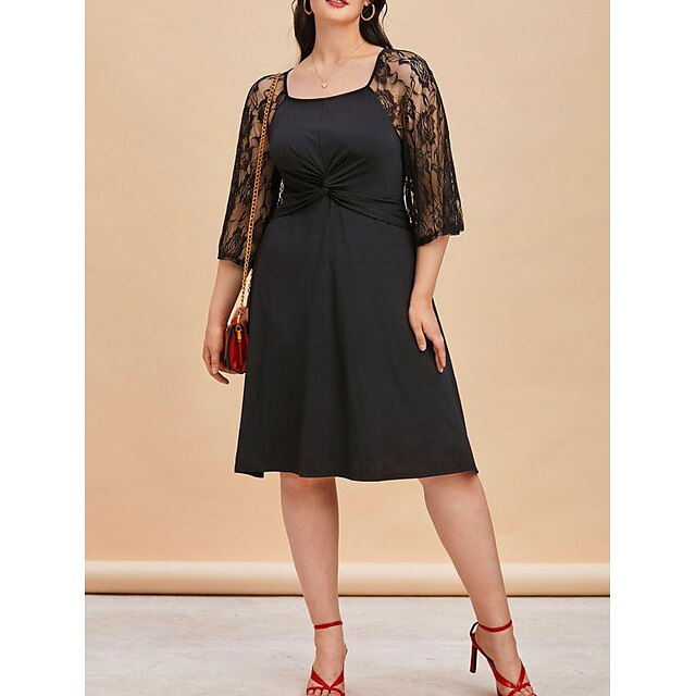  Women's Plus Size Color Block A Line Dress Lace Square Neck Half Sleeve Basic Casual Spring Summer Daily Weekend Knee Length Dress Dress