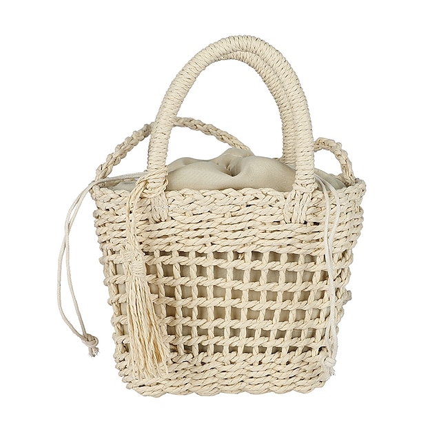  Women's Straw Bag Beach Bag Straw Top Handle Bag Drawstring Bag Going out Solid Color Khaki Beige