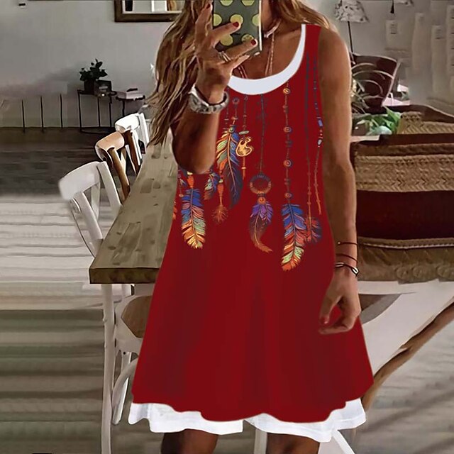  Damen Übergröße Bedruckt Urlaubskleid Bedruckt Rundhalsausschnitt Ärmellos Casual Frühling Sommer Täglich Urlaub Minikleid Kleid