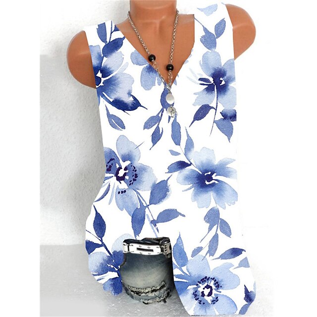  Women's Tank Top Floral Daily Holiday Weekend Floral Sleeveless Tank Top Camis V Neck Print Casual Streetwear Blue S / 3D Print