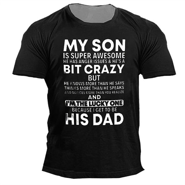  Papa-Shirts zum Vatertag. Ich bin der Glückliche, weil ich zu seinem Vater komme. T-Shirt für Herren mit 3D-Shirt. Schwarzes T-Shirt aus Baumwolle für Herren mit Slogan. Grafikbuchstaben.