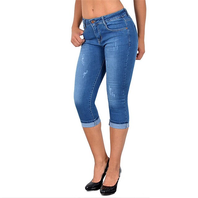  Mulheres Calças Jeans calções capri Preto Azul Azul Escuro Calção Cintura Média Trabalho Diário Comprimento total Micro-Elástica Côr Sólida Exterior S M L XL XXL