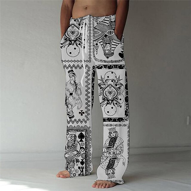  Men's Designer Fashion 3D Print Elastic Drawstring Design Front Pocket Straight Trousers Pants Casual Daily Graphic Prints Poker Mid Waist Comfort Soft White / Black S M L XL XXL / Beach
