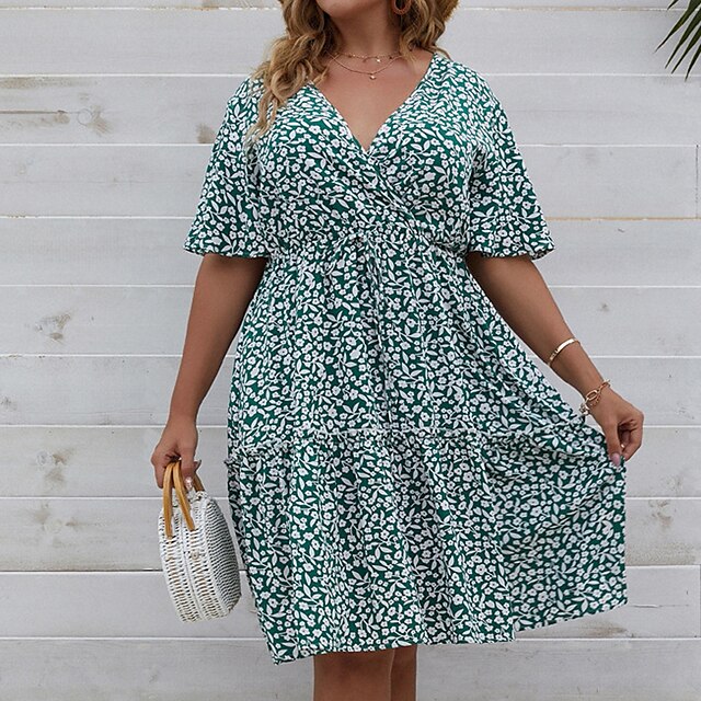  Women's Plus Size Floral Holiday Dress Ruffle V Neck Half Sleeve Work Fall Spring Causal Daily Knee Length Dress Dress / Print