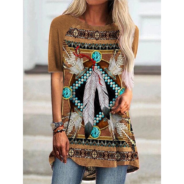  Women's T shirt Tee Geometric Tribal Feather Casual Daily Going out Bohemian Theme Geometric Short Sleeve T shirt Tee Round Neck Print Ethnic Vintage Boho Loose Brown S / 3D Print