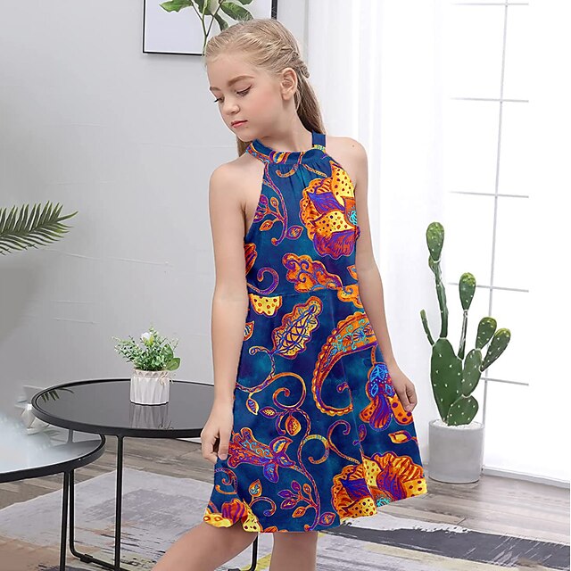 Kids Little Girls' Dress Flower Daily Vacation A Line Dress Patchwork Print Multicolor Blue Gray Above Knee Sleeveless Sweet Dresses Summer Loose 3-12 Years