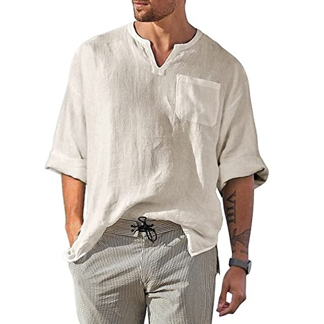  Men's Henley Shirt V Neck Solid Color Linen Sport Athleisure Long Sleeve Shirt Everyday Use Breathable Soft Comfortable Street Casual Daily Activewear Outdoor