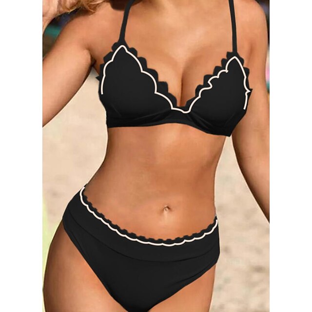  Women's Swimwear Bikini 2 Piece Normal Swimsuit Solid Color High Waisted Black V Wire Padded Bathing Suits Vacation Sexy Sports