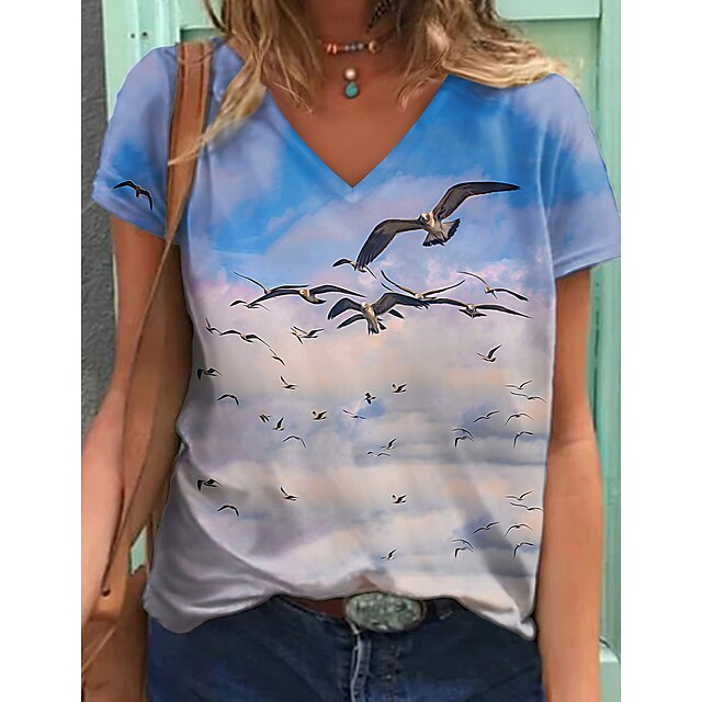  Dame T-shirt Grafisk Fugl Afslappet Ferie I-byen-tøj Maleri Kortærmet T-shirt V-hals Trykt mønster Basale Ferie Hawaiiansk Blå S / 3D-udskrivning
