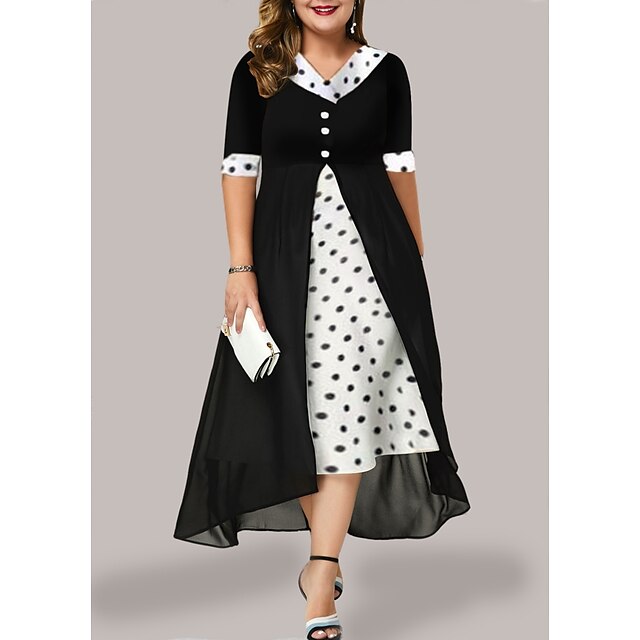  Women's Plus Size Polka Dot A Line Dress Ruched V Neck Half Sleeve Casual Sexy Spring Summer Daily Holiday Midi Dress Dress / Skinny