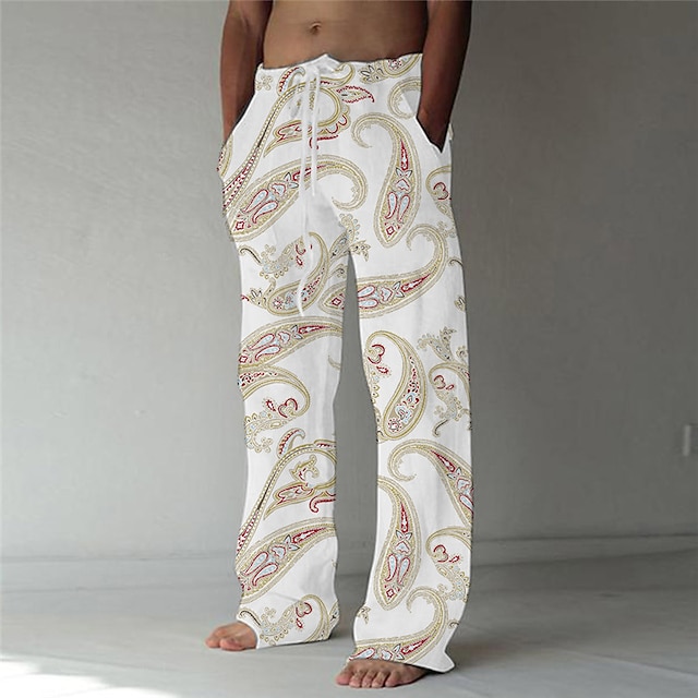  Men's Designer Fashion 3D Print Elastic Drawstring Design Front Pocket Straight Trousers Pants Casual Daily Graphic Prints Flower / Floral Mid Waist Comfort Soft White S M L XL XXL / Beach