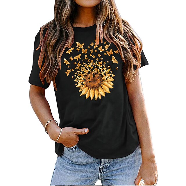 Women's T shirt Tee Graphic Patterned Butterfly Sunflower Daily Going out Weekend Butterfly Short Sleeve T shirt Tee Round Neck Print Basic Essential 100% Cotton Green White Black S