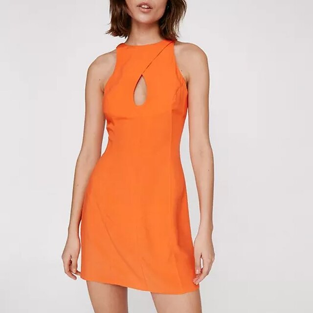  Dame Minikjole Uformell kjole Kjole med A-linje Oransje Ermeløs Lapper Ren farge Crew-hals Vår Sommer Stilfull Elegant Fritid 2022 S M L XL