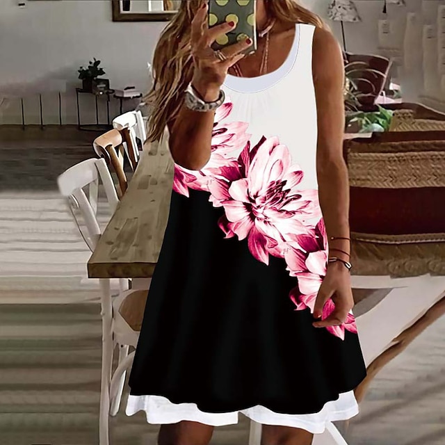 Damen Übergröße Blumen A Linie Kleid Bedruckt Rundhalsausschnitt Ärmellos Alltag Frühling Sommer Täglich Urlaub Minikleid Kleid