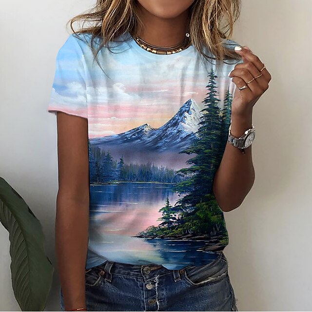  Dame T-shirt Blå Grafisk 3D Trykt mønster Kortærmet Afslappet Ferie I-byen-tøj Hawaiiansk Basale Ferie Rund hals Regulær Blomster Tema Maleri