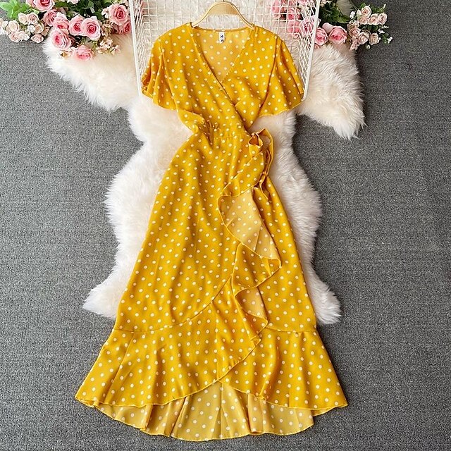  2021 verão novo elegante vestido de chiffon floral com decote em v mangas curtas cintura fina saia longa