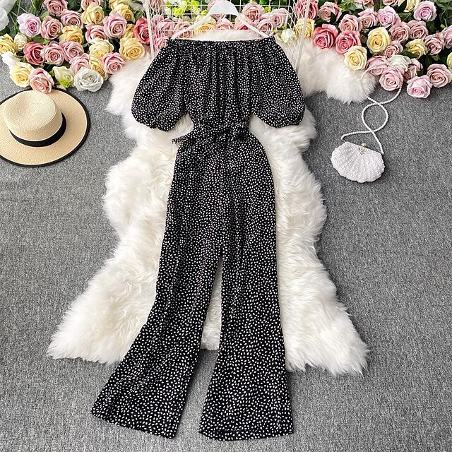  blomstret chiffon jumpsuit kvinders højtaljede slanke sommerbukser brede ben løs sexet en-skulder off-the-shoulder jumpsuit