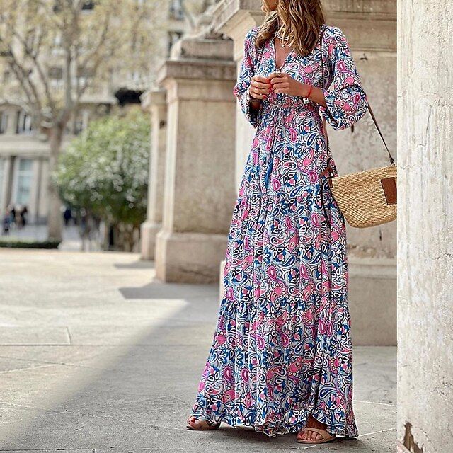  robe décontractée pour femme robe swing robe boho robe longue robe maxi vert rose à manches longues imprimé floral hiver automne automne col en v robe d'hiver week-end robe d'automne s m l xl