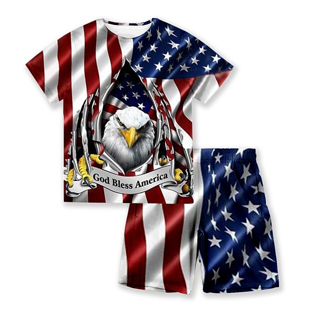  Amerikansk uafhængighedsdag Drenge 3D Dyr Flag T-shirt & Shorts Tøjsæt Kortærmet Sommer Forår Sport Mode Sej Polyester Børn 3-13 år udendørs Gade Sport Regulær