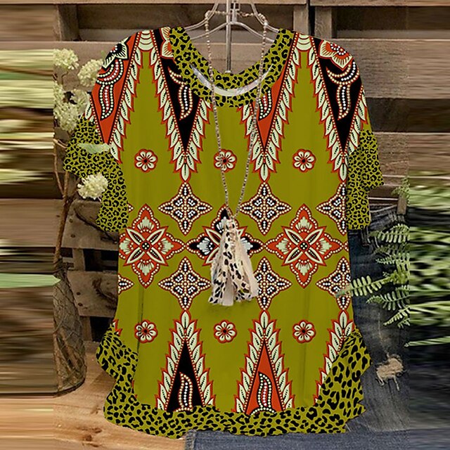  Women's Plus Size Tops Blouse Shirt Floral Leopard Short Sleeve Print Vintage Streetwear Crewneck Polyester Daily Going out Spring Summer Green Blue
