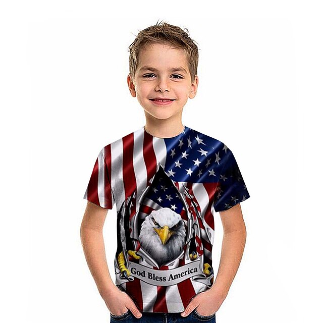  Infantil Para Meninos Camisa Dia da Independência Americana Manga Curta Impressão 3D Crewneck Bandeira Animal Azul Crianças Blusas Ativo Moda Diário Primavera Verão Dia da Independência Americana