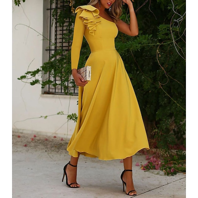  A-Line Cocktail Dresses Elegant Dress Wedding Guest Party Wear Tea Length Long Sleeve One Shoulder Stretch Fabric with Ruffles 2024