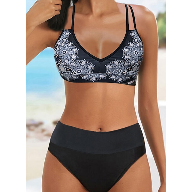  Women's Swimwear Bikini 2 Piece Normal Swimsuit Floral Print High Waisted Black V Wire Padded Bathing Suits Vacation Sexy Sports