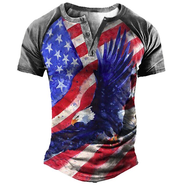  Men's T shirt Tee Henley Shirt Tee Henley Graphic Color Block National Flag Red 3D Print Short Sleeve Plus Size Patchwork Button-Down Outdoor Daily Tops Basic Designer Casual Classic / Summer