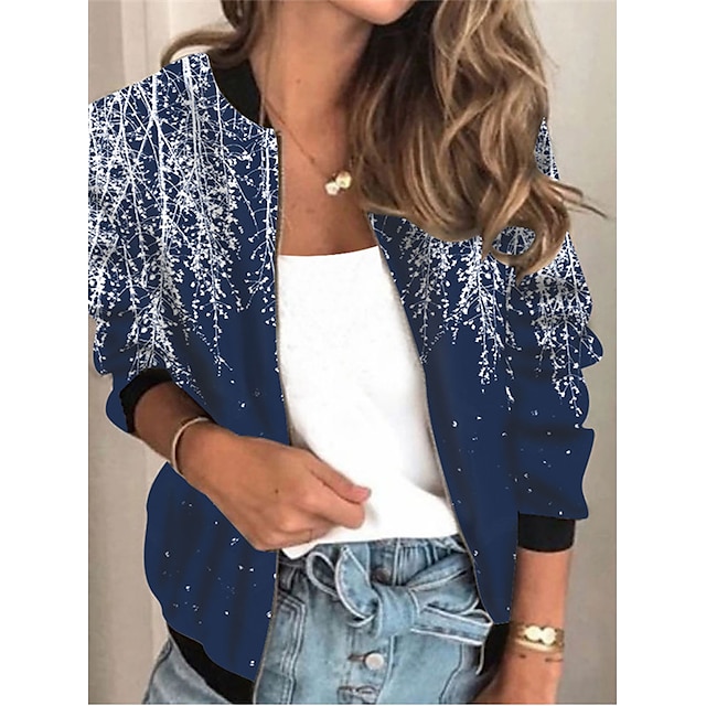  Women's Casual Jacket Full Zip Print Sporty Active Casual Daily Holiday Going out Outdoor Coat Regular Air Layer Fabric Navy Blue Zipper Spring Summer Stand Collar Regular Fit S M L XL XXL 3XL