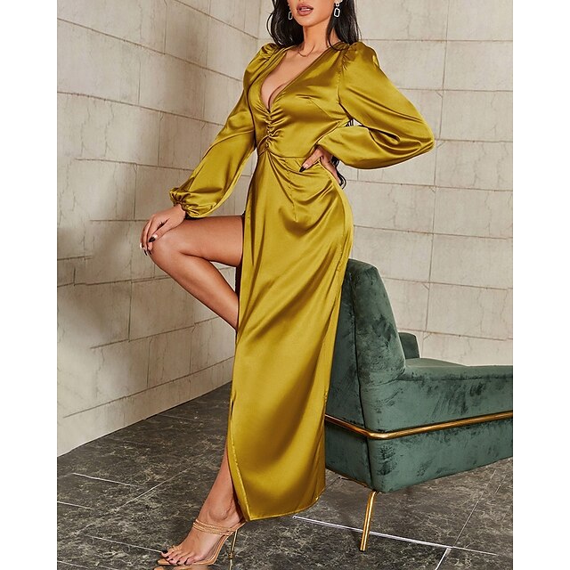  Women's Party Dress Satin Dress Gold Pure Color Long Sleeve Winter Fall Autumn Zipper Modern Deep V Party 2022 S M L XL XXL