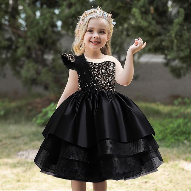  Toddler Little Girls' Dress Solid Colored Party Daily Skater Dress Sequins Black Knee-length Sleeveless Princess Cute Dresses Spring Summer Slim 2-6 Years