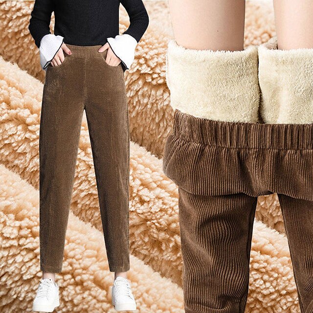  Women‘s Fleece Flannel Corduroy Pants Chinos Trousers Ankle-Length Side Pockets Micro-elastic Mid Waist Fashion Casual Weekend Black Brown S M