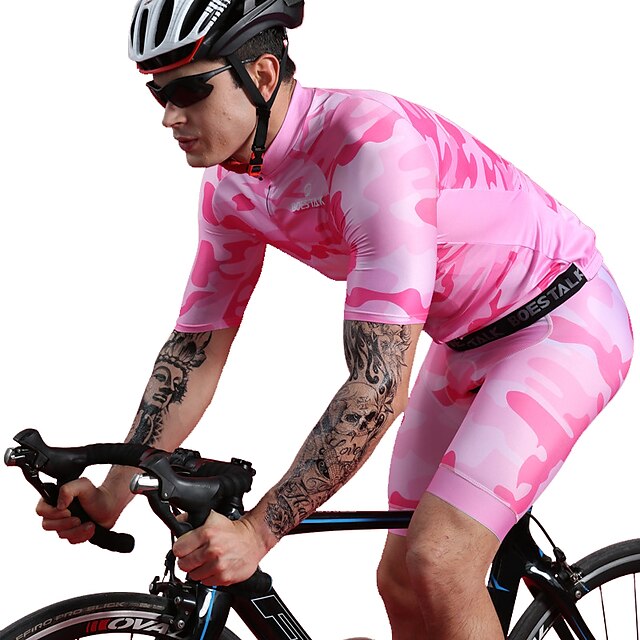  BOESTALK Men's Short Sleeve Cycling Jersey with Bib Shorts Triathlon Tri Suit Mountain Bike MTB Road Bike Cycling Rosy Pink Blue Blue Pink Patchwork Camo / Camouflage Bike Spandex Clothing Suit