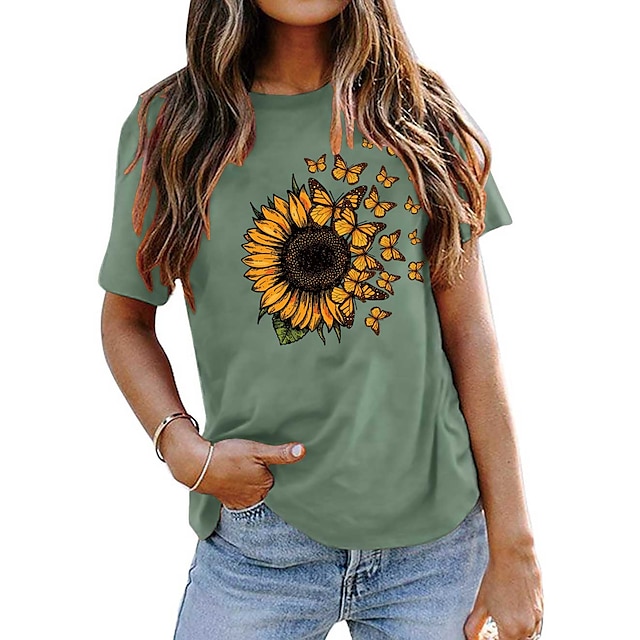  Women's T shirt Tee 100% Cotton Graphic Butterfly Sunflower Black White Yellow Print Short Sleeve Daily Going out Weekend Basic Round Neck Regular Fit